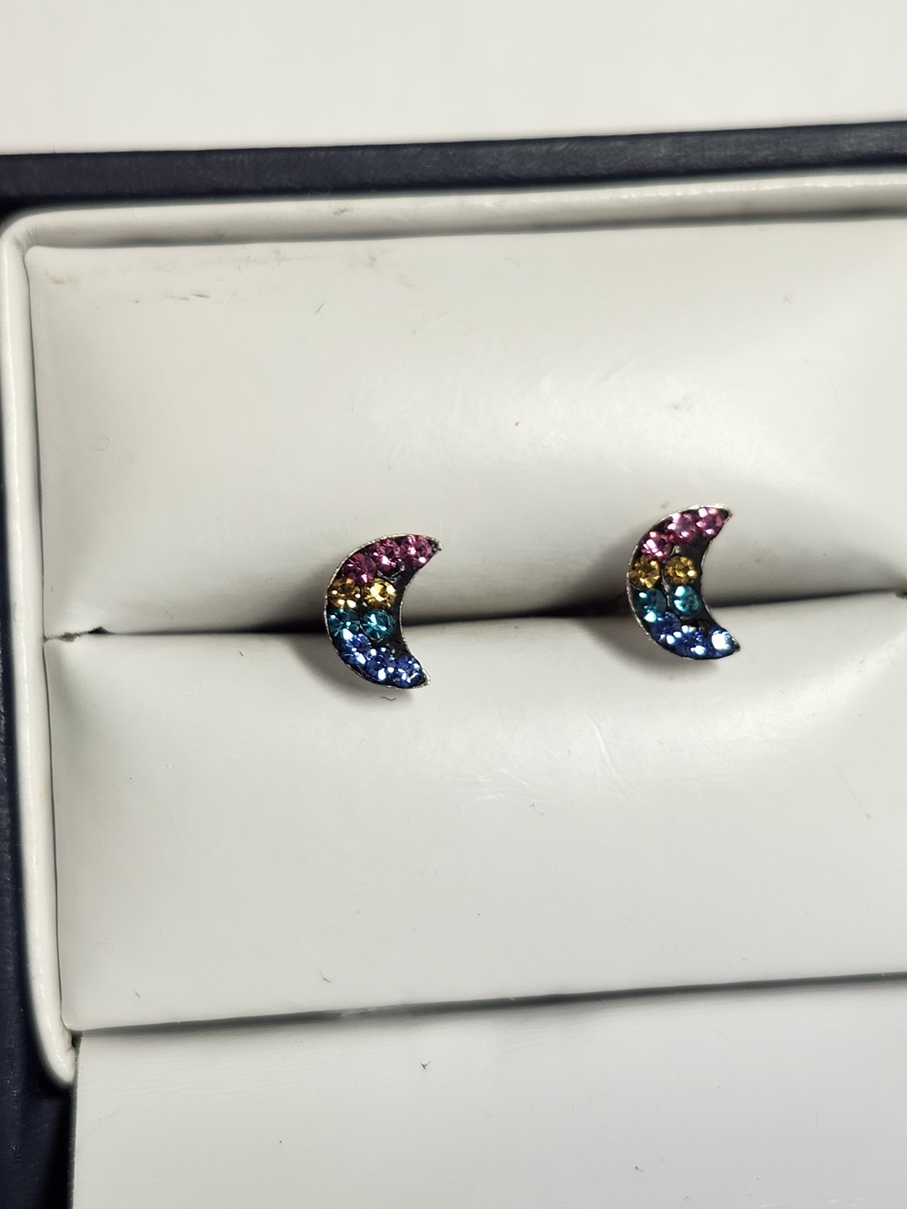 Sterling Silver Multicolor Crescent Moon Crystal Stud Earrings - Women Jewelry